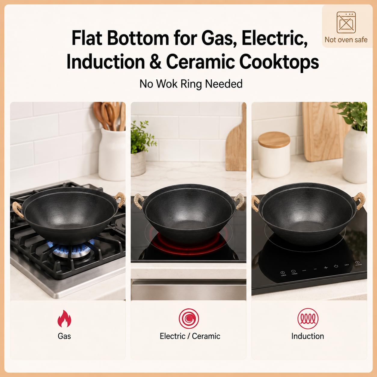 WANGYUANJI 14.2" Cast Iron Wok with Lid, Dual Handles - Flat Bottom Chinese Stir Fry Pan for Induction & Gas Stoves - Traditional Handcrafted Turtle Shell Texture, Uncoated & Non-Toxic