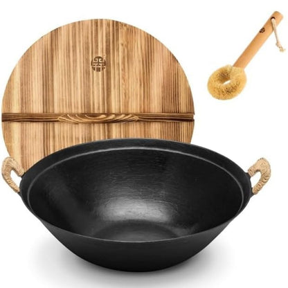 WANGYUANJI 14.2" Cast Iron Wok with Lid, Dual Handles - Flat Bottom Chinese Stir Fry Pan for Induction & Gas Stoves - Traditional Handcrafted Turtle Shell Texture, Uncoated & Non-Toxic