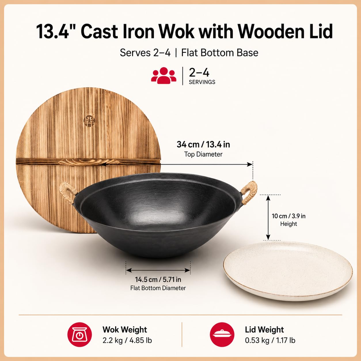 WANGYUANJI 14.2" Cast Iron Wok with Lid, Dual Handles - Flat Bottom Chinese Stir Fry Pan for Induction & Gas Stoves - Traditional Handcrafted Turtle Shell Texture, Uncoated & Non-Toxic