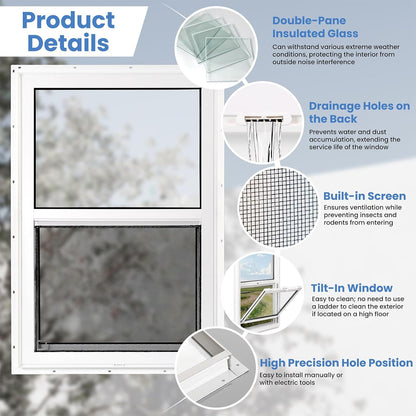 Vinyl Single Hung Sliding Window, 24" x 36" Household Window with Double-Pane Insulated Tempered Glass, White Energy-Efficient Soundproof Window for House, Mobile Home