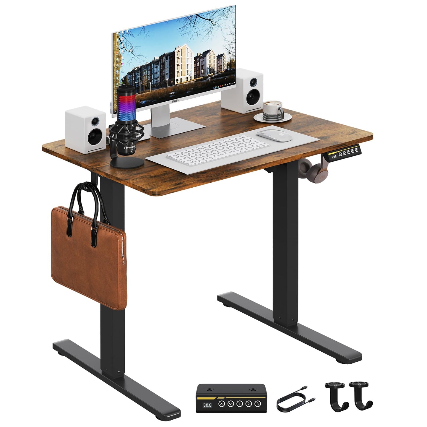 Electric Standing Desk,48x24 Inches Adjustable Height Stand up Desk, Sit Stand Home Office Desk with Splice Board, 3 Preset Heights,Equipped with Hooks,Ergonomic Computer Workstation，Brown