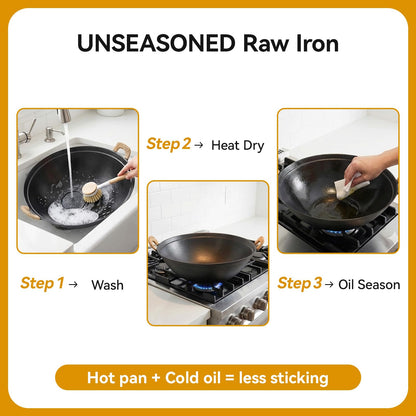 WANGYUANJI 14.2" Cast Iron Wok with Lid, Dual Handles - Flat Bottom Chinese Stir Fry Pan for Induction & Gas Stoves - Traditional Handcrafted Turtle Shell Texture, Uncoated & Non-Toxic