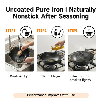 WANGYUANJI 14.2" Cast Iron Wok with Lid, Dual Handles - Flat Bottom Chinese Stir Fry Pan for Induction & Gas Stoves - Traditional Handcrafted Turtle Shell Texture, Uncoated & Non-Toxic