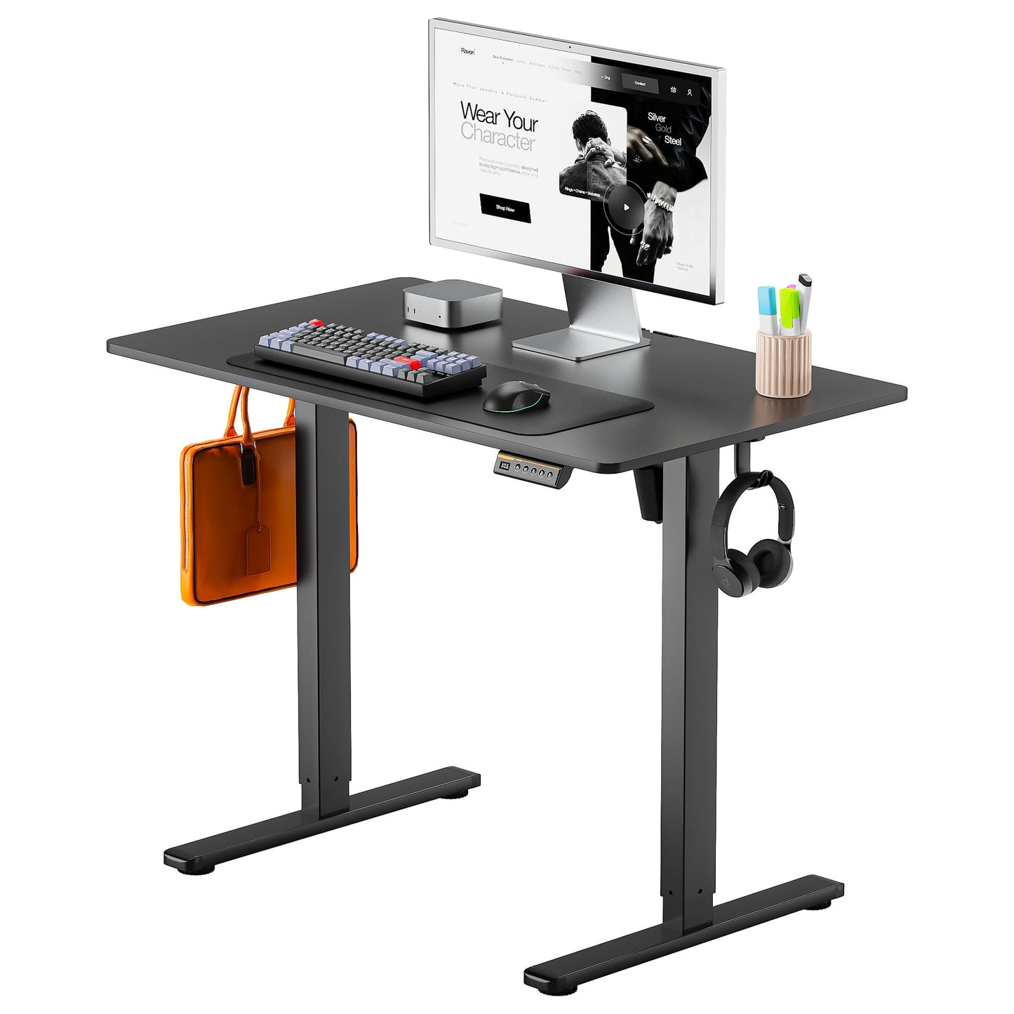 Electric Standing Desk,48x24 Inches Adjustable Height Stand up Desk, Sit Stand Home Office Desk with Splice Board, 3 Preset Heights,Equipped with Hooks,Ergonomic Computer Workstation，Brown