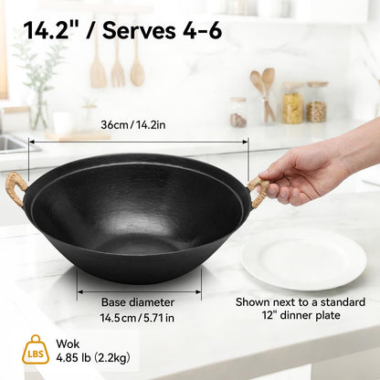 WANGYUANJI 14.2" Cast Iron Wok with Lid, Dual Handles - Flat Bottom Chinese Stir Fry Pan for Induction & Gas Stoves - Traditional Handcrafted Turtle Shell Texture, Uncoated & Non-Toxic