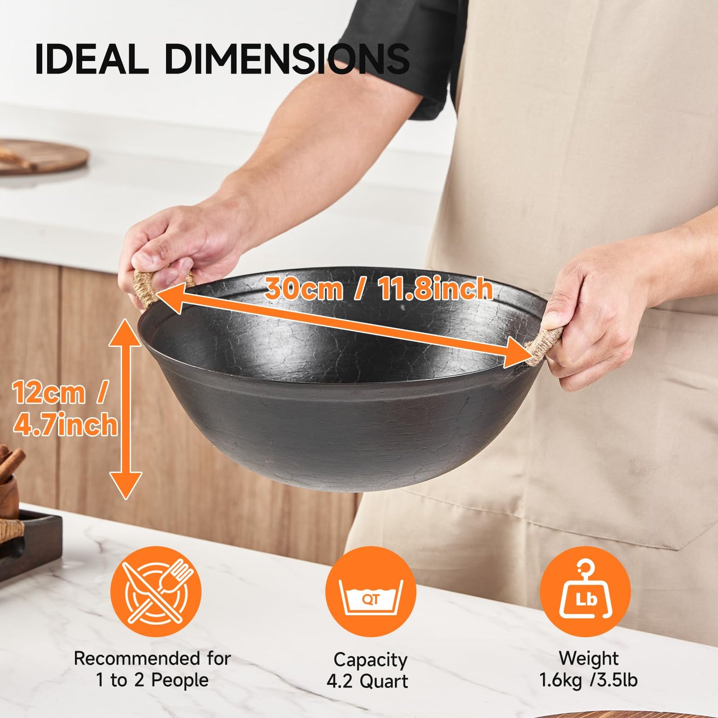 WANGYUANJI 14.2" Cast Iron Wok with Lid, Dual Handles - Flat Bottom Chinese Stir Fry Pan for Induction & Gas Stoves - Traditional Handcrafted Turtle Shell Texture, Uncoated & Non-Toxic