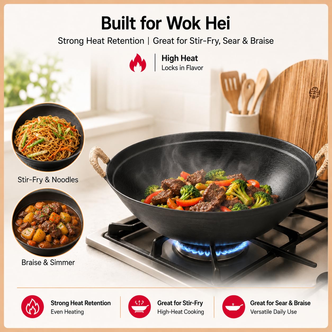 WANGYUANJI 14.2" Cast Iron Wok with Lid, Dual Handles - Flat Bottom Chinese Stir Fry Pan for Induction & Gas Stoves - Traditional Handcrafted Turtle Shell Texture, Uncoated & Non-Toxic