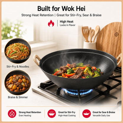 WANGYUANJI 14.2" Cast Iron Wok with Lid, Dual Handles - Flat Bottom Chinese Stir Fry Pan for Induction & Gas Stoves - Traditional Handcrafted Turtle Shell Texture, Uncoated & Non-Toxic