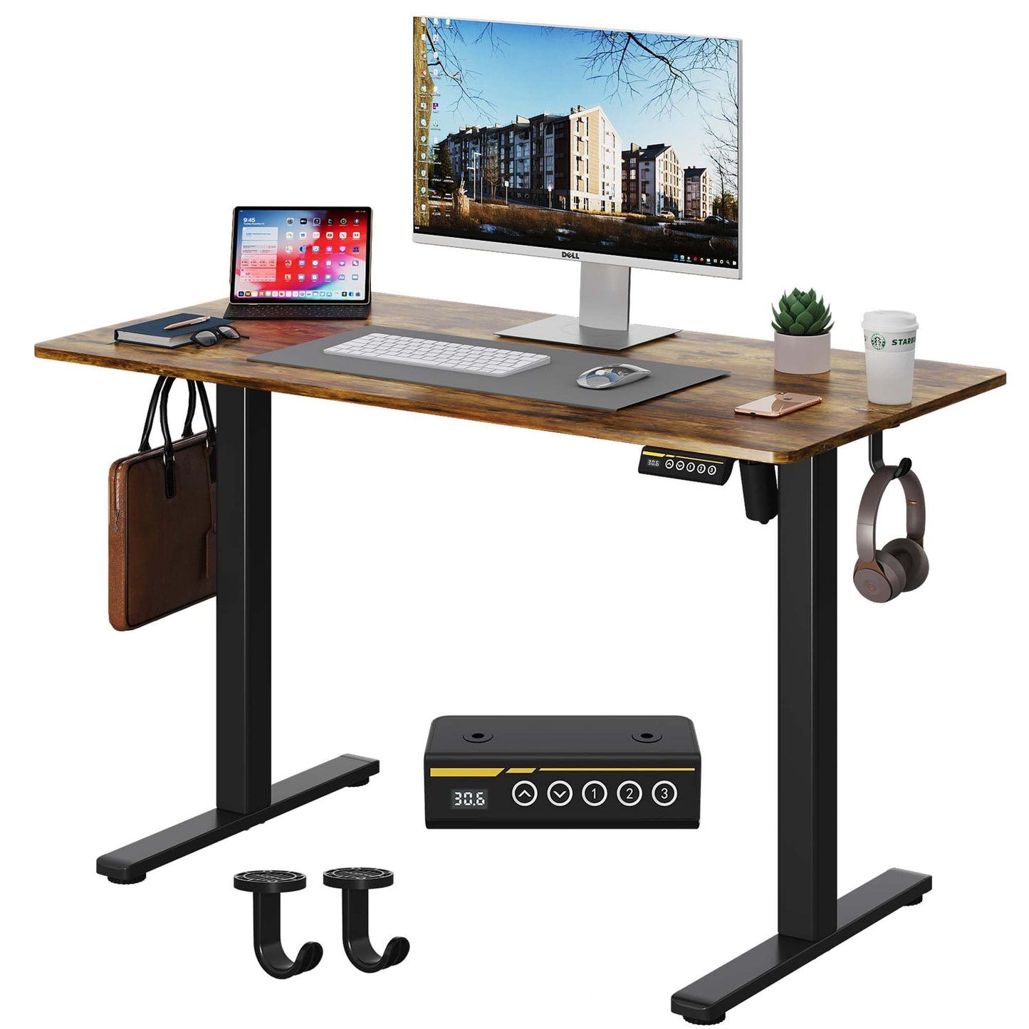 Electric Standing Desk,48x24 Inches Adjustable Height Stand up Desk, Sit Stand Home Office Desk with Splice Board, 3 Preset Heights,Equipped with Hooks,Ergonomic Computer Workstation，Brown