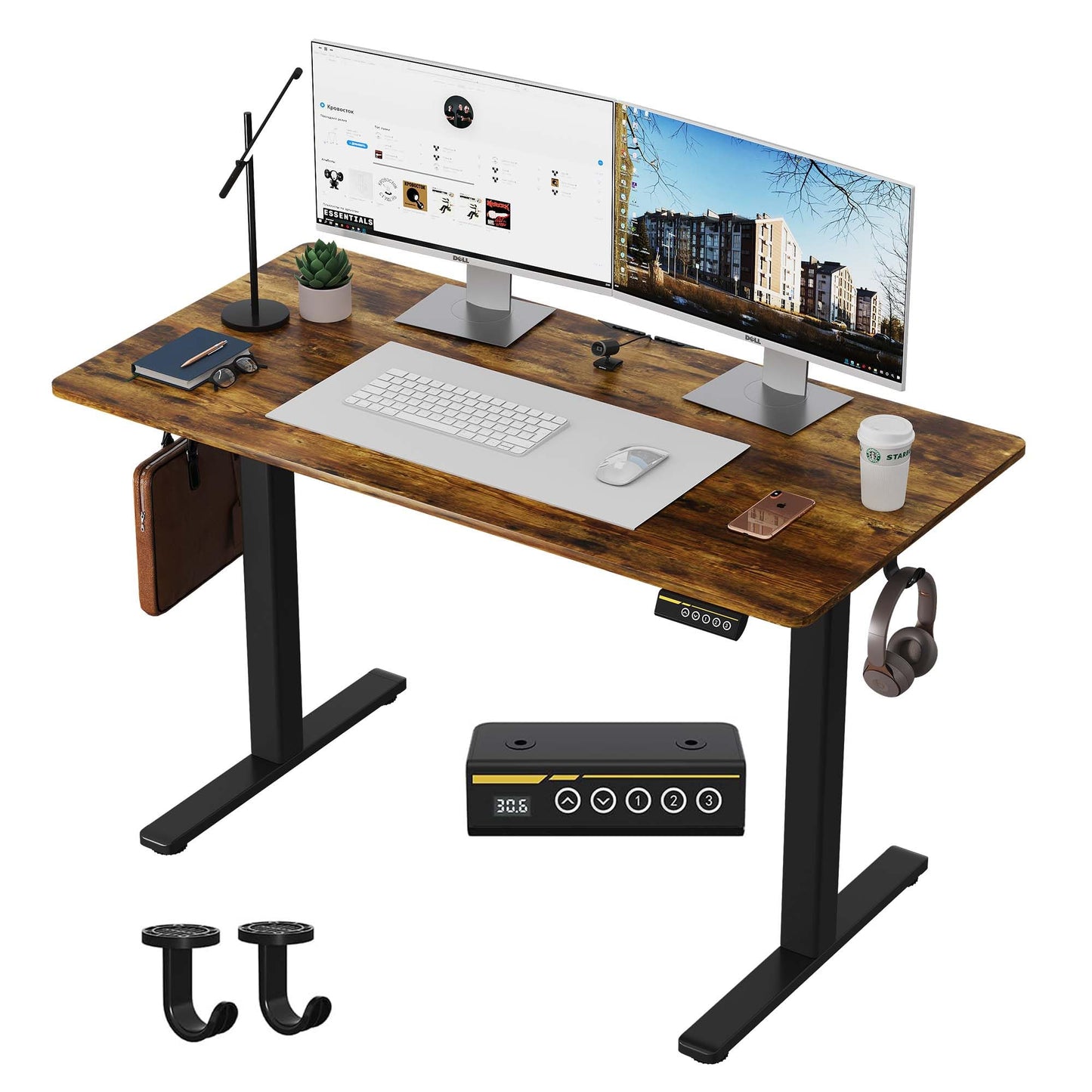 Electric Standing Desk,48x24 Inches Adjustable Height Stand up Desk, Sit Stand Home Office Desk with Splice Board, 3 Preset Heights,Equipped with Hooks,Ergonomic Computer Workstation，Brown