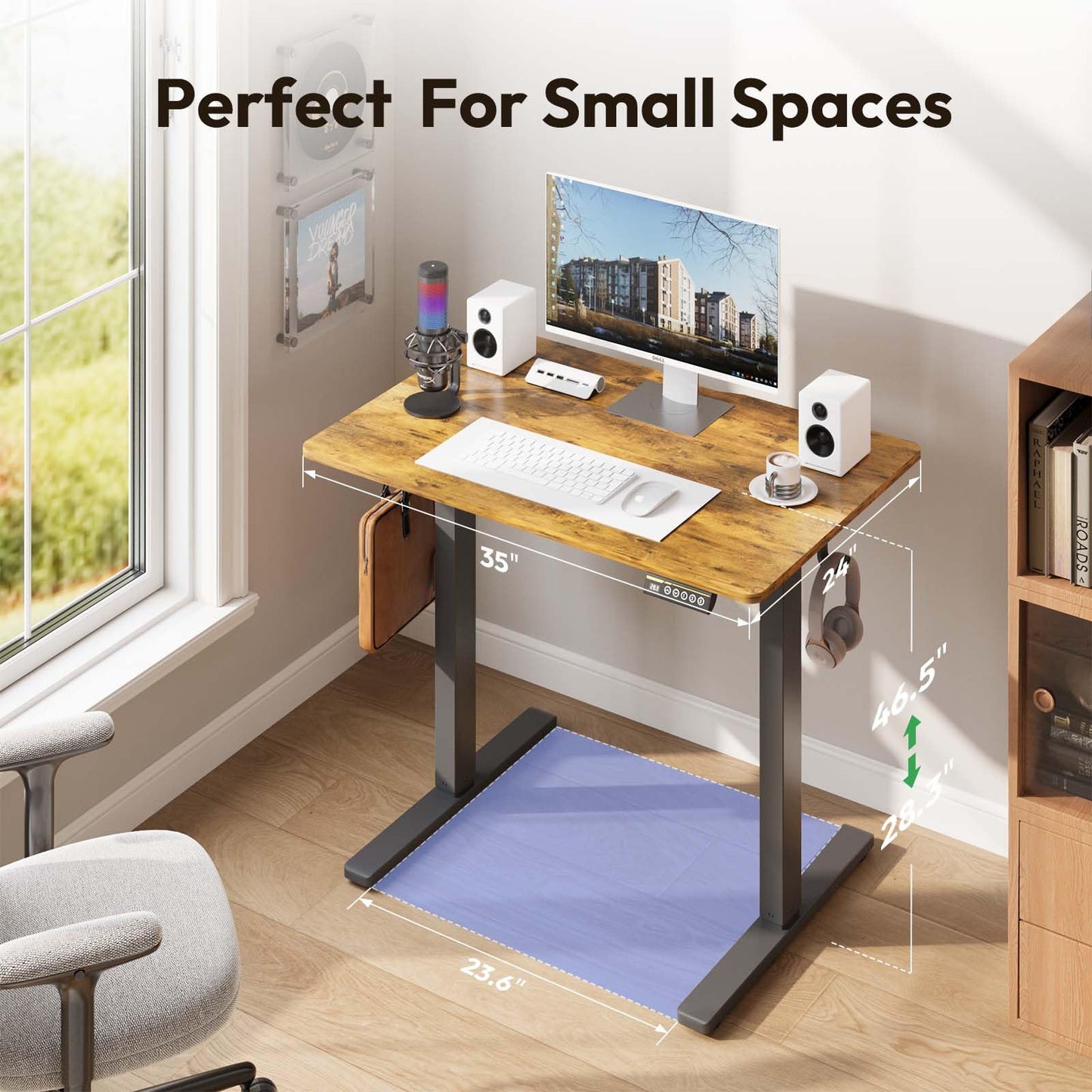 Electric Standing Desk,48x24 Inches Adjustable Height Stand up Desk, Sit Stand Home Office Desk with Splice Board, 3 Preset Heights,Equipped with Hooks,Ergonomic Computer Workstation，Brown