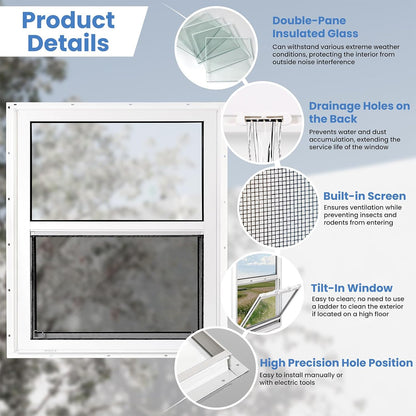 Vinyl Single Hung Sliding Window, 24" x 36" Household Window with Double-Pane Insulated Tempered Glass, White Energy-Efficient Soundproof Window for House, Mobile Home