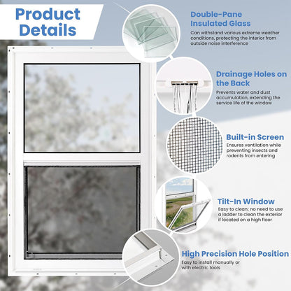 Vinyl Single Hung Sliding Window, 24" x 36" Household Window with Double-Pane Insulated Tempered Glass, White Energy-Efficient Soundproof Window for House, Mobile Home