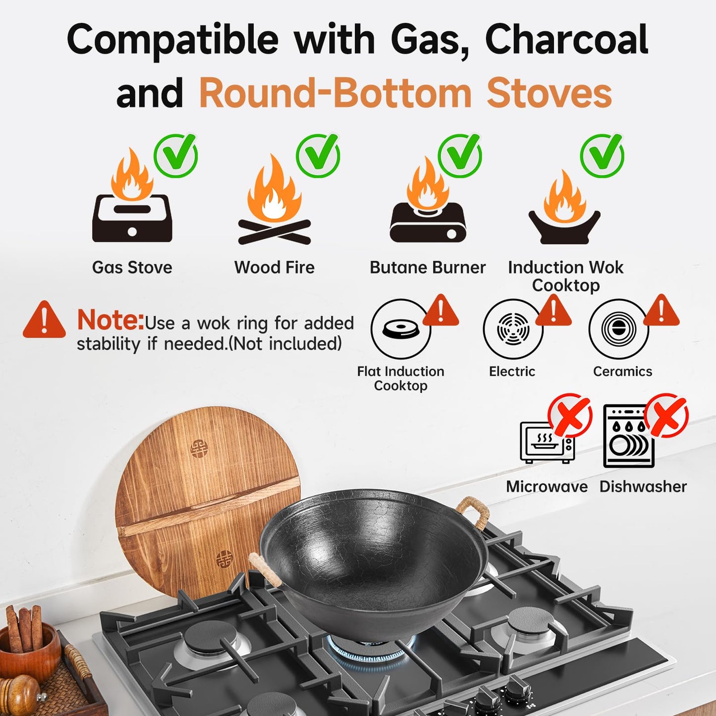 WANGYUANJI 14.2" Cast Iron Wok with Lid, Dual Handles - Flat Bottom Chinese Stir Fry Pan for Induction & Gas Stoves - Traditional Handcrafted Turtle Shell Texture, Uncoated & Non-Toxic