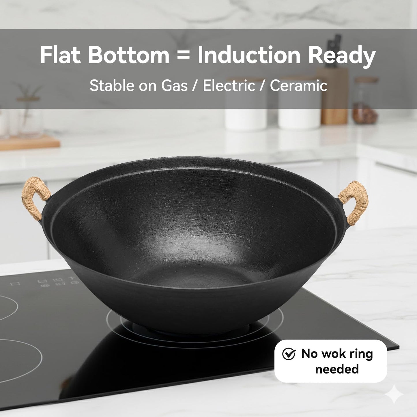 WANGYUANJI 14.2" Cast Iron Wok with Lid, Dual Handles - Flat Bottom Chinese Stir Fry Pan for Induction & Gas Stoves - Traditional Handcrafted Turtle Shell Texture, Uncoated & Non-Toxic
