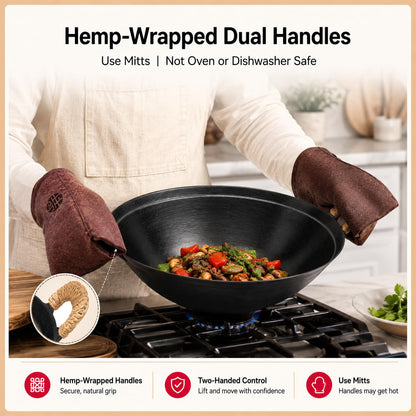 WANGYUANJI 14.2" Cast Iron Wok with Lid, Dual Handles - Flat Bottom Chinese Stir Fry Pan for Induction & Gas Stoves - Traditional Handcrafted Turtle Shell Texture, Uncoated & Non-Toxic