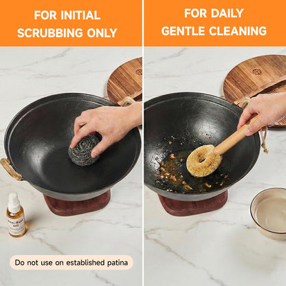 WANGYUANJI 14.2" Cast Iron Wok with Lid, Dual Handles - Flat Bottom Chinese Stir Fry Pan for Induction & Gas Stoves - Traditional Handcrafted Turtle Shell Texture, Uncoated & Non-Toxic