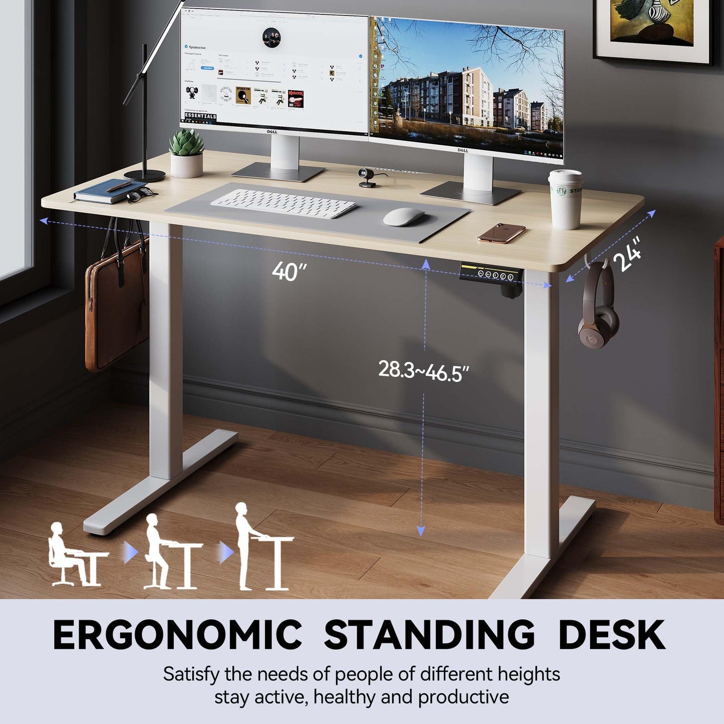 Electric Standing Desk,48x24 Inches Adjustable Height Stand up Desk, Sit Stand Home Office Desk with Splice Board, 3 Preset Heights,Equipped with Hooks,Ergonomic Computer Workstation，Brown