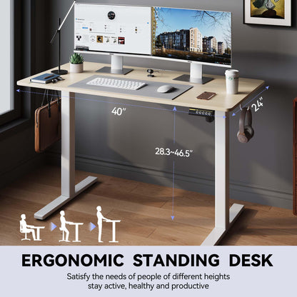 Electric Standing Desk,48x24 Inches Adjustable Height Stand up Desk, Sit Stand Home Office Desk with Splice Board, 3 Preset Heights,Equipped with Hooks,Ergonomic Computer Workstation，Brown