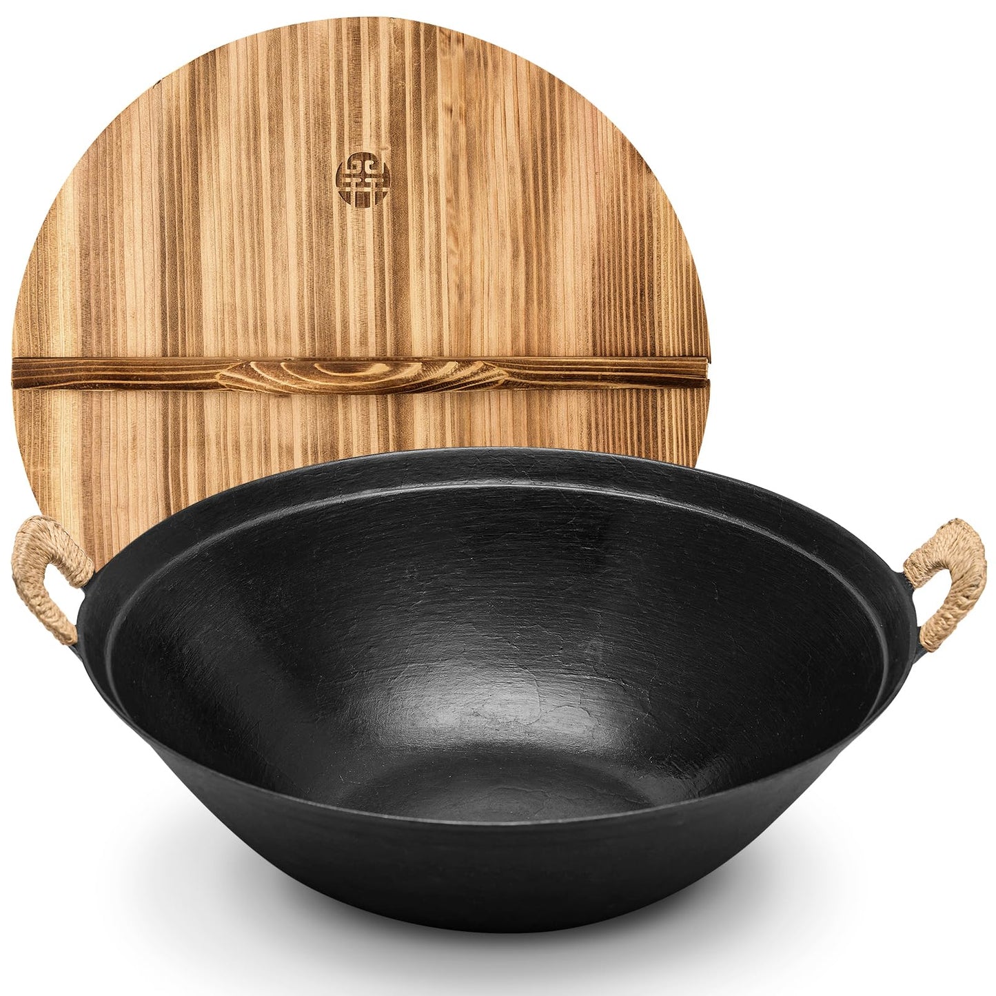 WANGYUANJI 14.2" Cast Iron Wok with Lid, Dual Handles - Flat Bottom Chinese Stir Fry Pan for Induction & Gas Stoves - Traditional Handcrafted Turtle Shell Texture, Uncoated & Non-Toxic