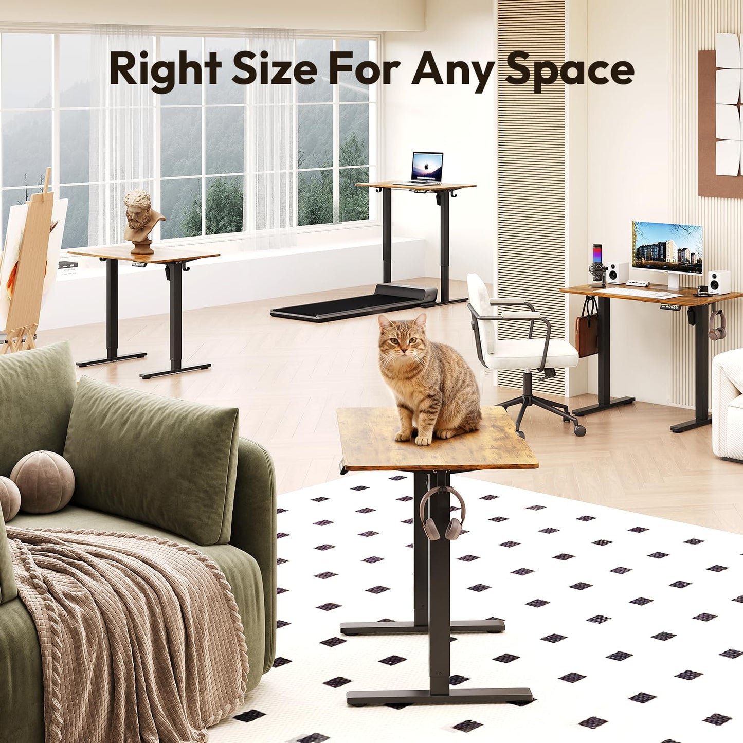Electric Standing Desk,48x24 Inches Adjustable Height Stand up Desk, Sit Stand Home Office Desk with Splice Board, 3 Preset Heights,Equipped with Hooks,Ergonomic Computer Workstation，Brown