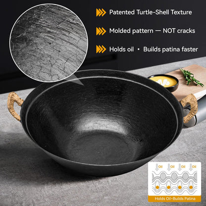 WANGYUANJI 14.2" Cast Iron Wok with Lid, Dual Handles - Flat Bottom Chinese Stir Fry Pan for Induction & Gas Stoves - Traditional Handcrafted Turtle Shell Texture, Uncoated & Non-Toxic