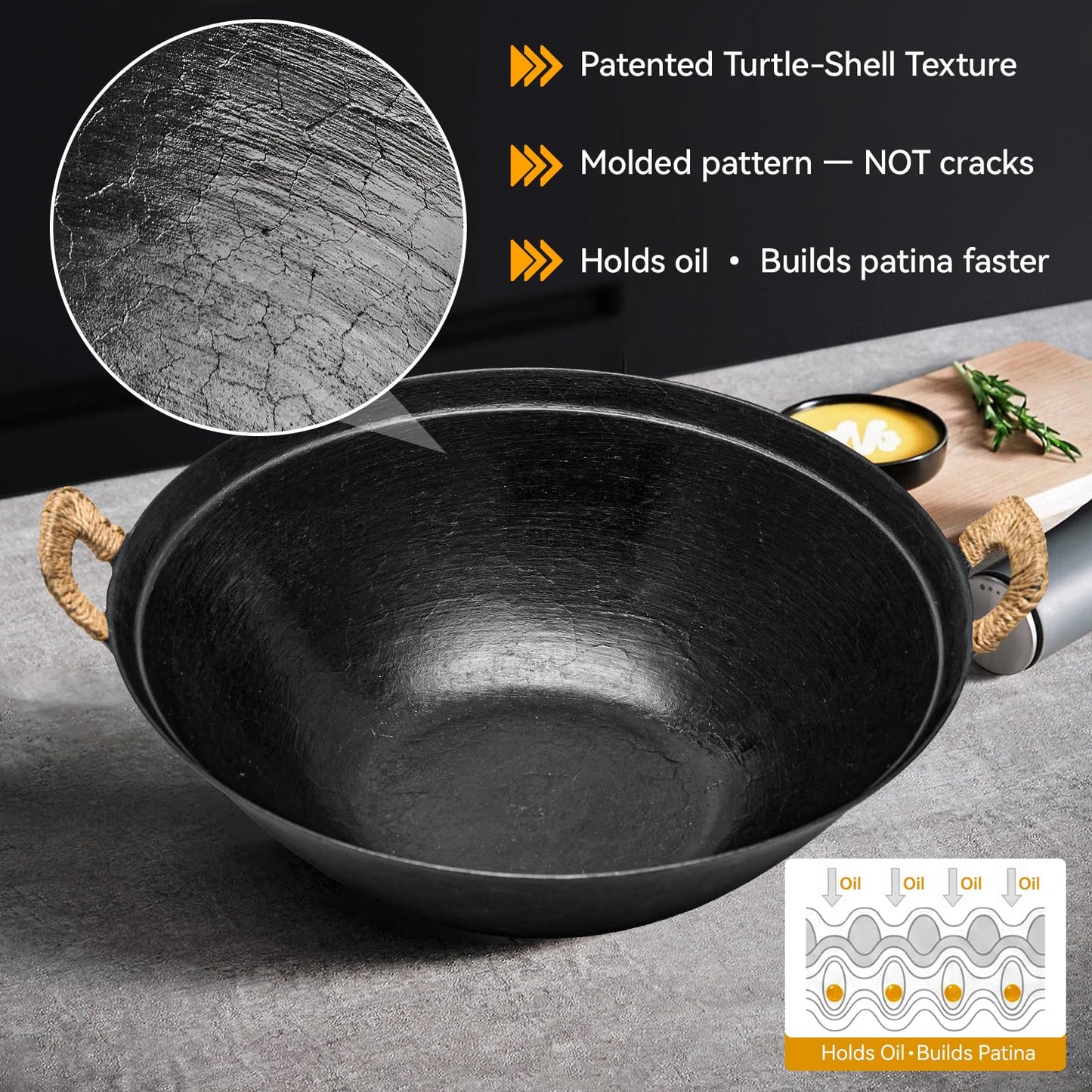 WANGYUANJI 14.2" Cast Iron Wok with Lid, Dual Handles - Flat Bottom Chinese Stir Fry Pan for Induction & Gas Stoves - Traditional Handcrafted Turtle Shell Texture, Uncoated & Non-Toxic