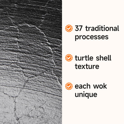 WANGYUANJI 14.2" Cast Iron Wok with Lid, Dual Handles - Flat Bottom Chinese Stir Fry Pan for Induction & Gas Stoves - Traditional Handcrafted Turtle Shell Texture, Uncoated & Non-Toxic