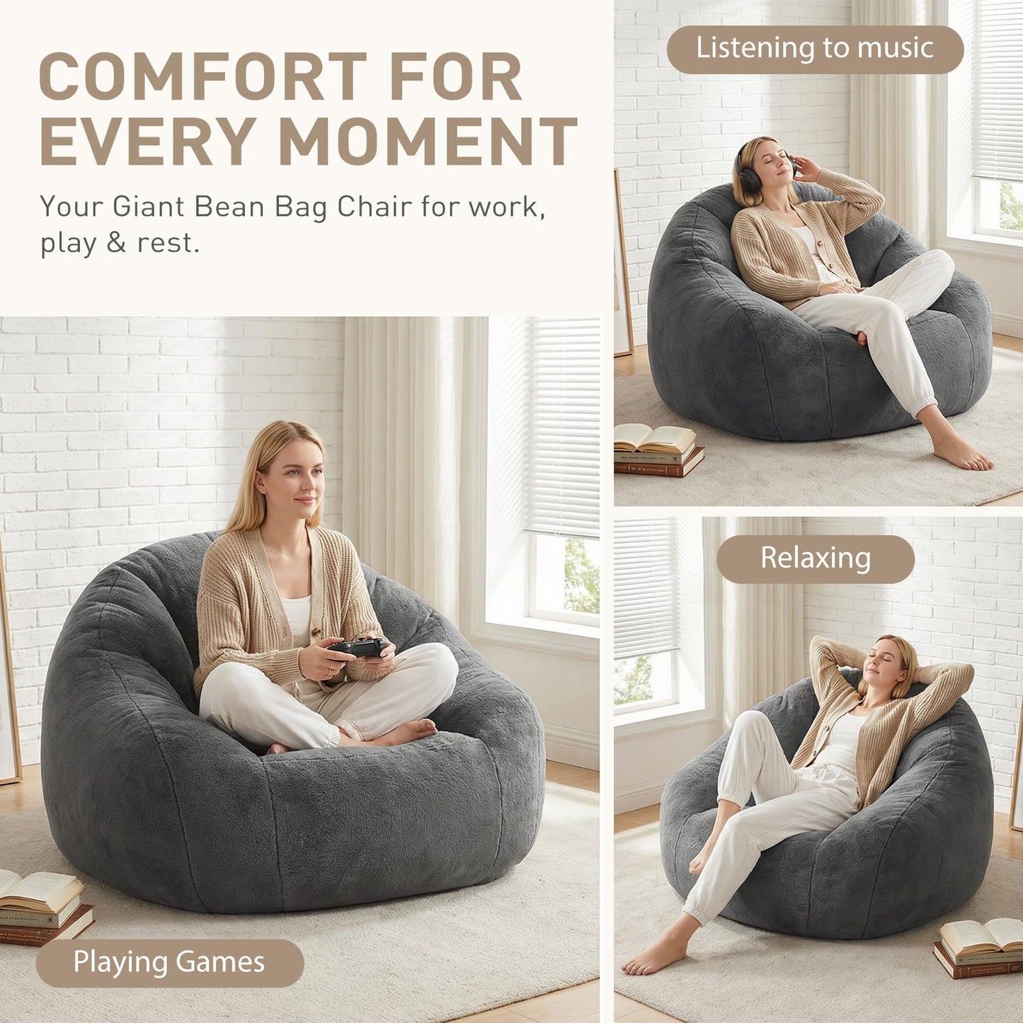 HUGHEAVEN Max Giant Bean Bag Chair, Oversized Bean Bag Sofa for Adults & Teens, Ultra-Soft Comfy Fluffy Floor Lounge Chair with Armrests, Large Bean Bag Couch for Gaming, Reading & Relaxing