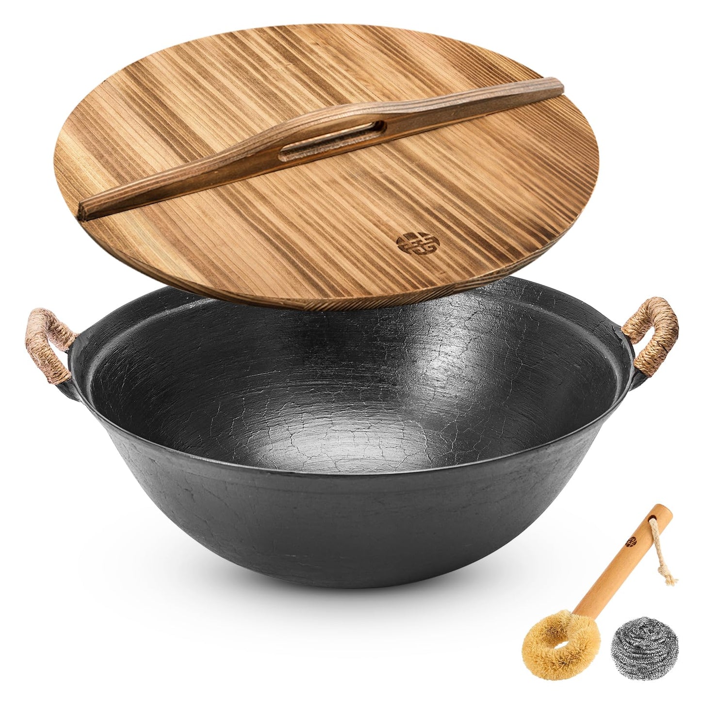 WANGYUANJI 14.2" Cast Iron Wok with Lid, Dual Handles - Flat Bottom Chinese Stir Fry Pan for Induction & Gas Stoves - Traditional Handcrafted Turtle Shell Texture, Uncoated & Non-Toxic