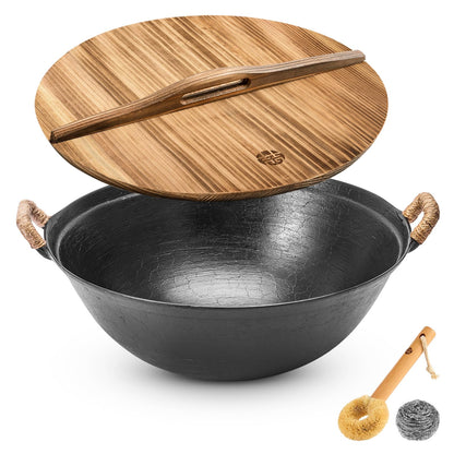 WANGYUANJI 14.2" Cast Iron Wok with Lid, Dual Handles - Flat Bottom Chinese Stir Fry Pan for Induction & Gas Stoves - Traditional Handcrafted Turtle Shell Texture, Uncoated & Non-Toxic