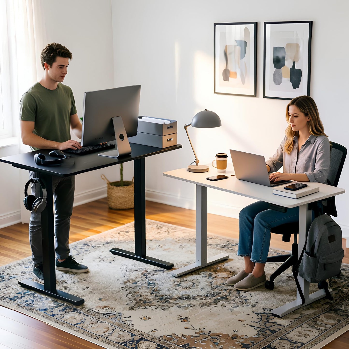 Electric Standing Desk,48x24 Inches Adjustable Height Stand up Desk, Sit Stand Home Office Desk with Splice Board, 3 Preset Heights,Equipped with Hooks,Ergonomic Computer Workstation，Brown