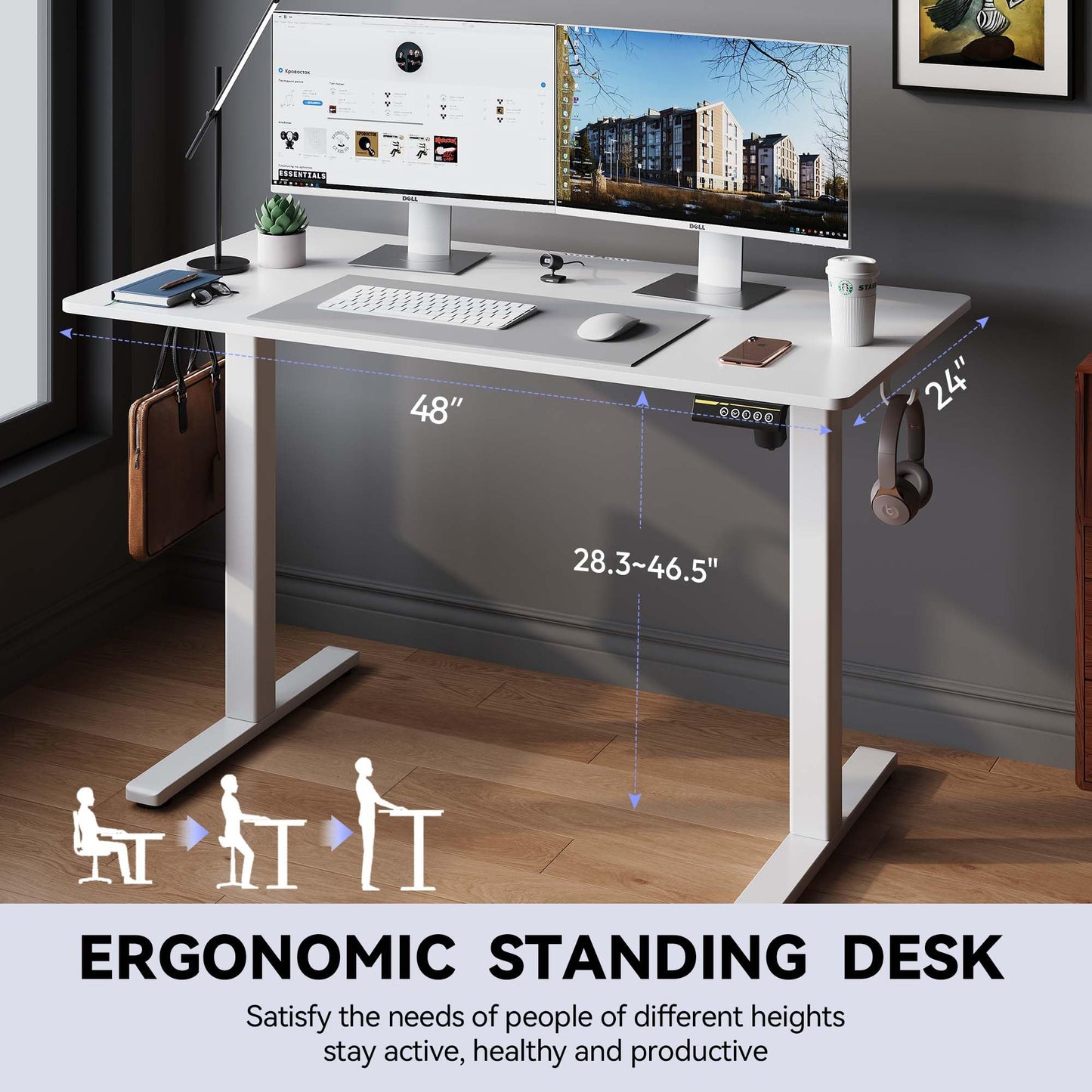 Electric Standing Desk,48x24 Inches Adjustable Height Stand up Desk, Sit Stand Home Office Desk with Splice Board, 3 Preset Heights,Equipped with Hooks,Ergonomic Computer Workstation，Brown