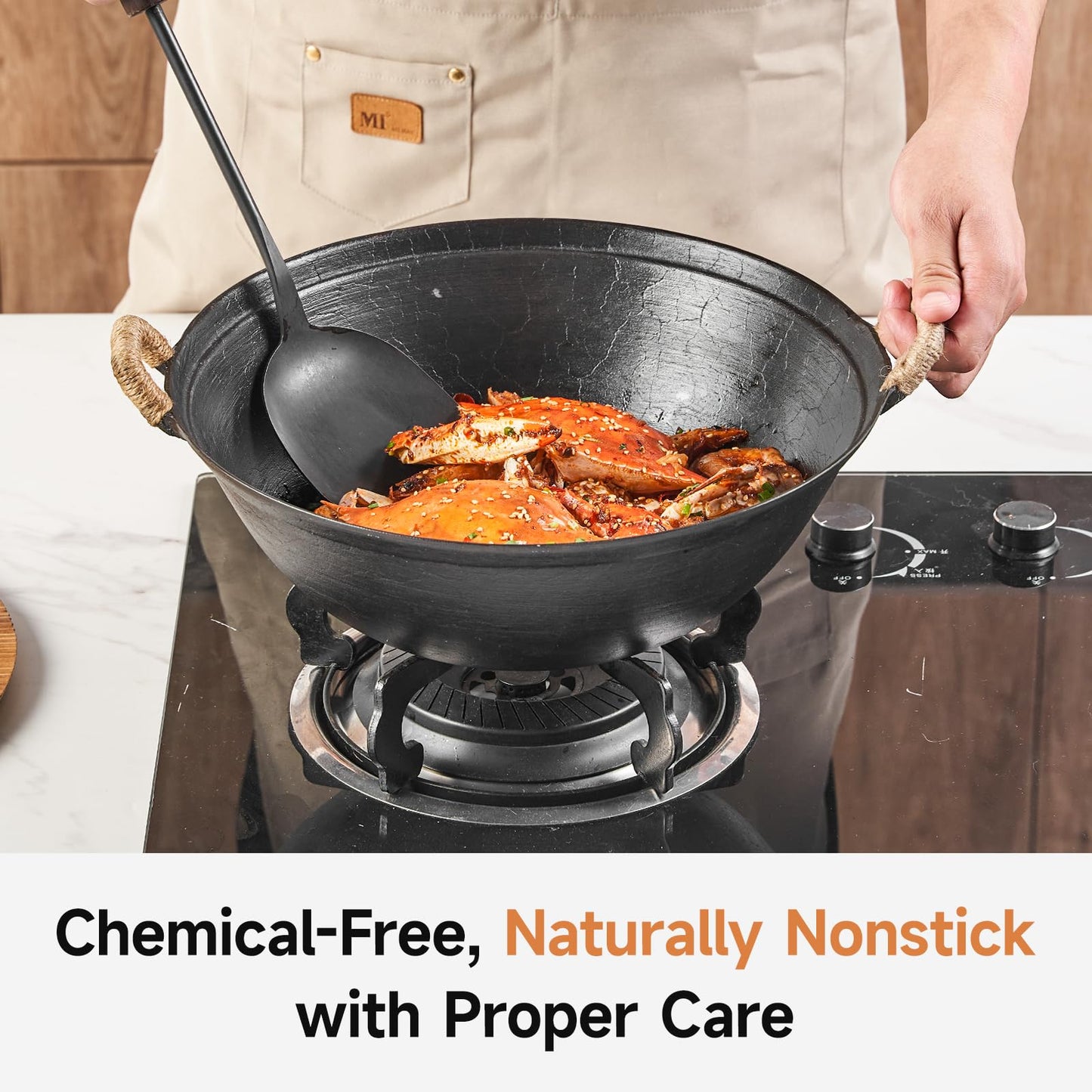 WANGYUANJI 14.2" Cast Iron Wok with Lid, Dual Handles - Flat Bottom Chinese Stir Fry Pan for Induction & Gas Stoves - Traditional Handcrafted Turtle Shell Texture, Uncoated & Non-Toxic