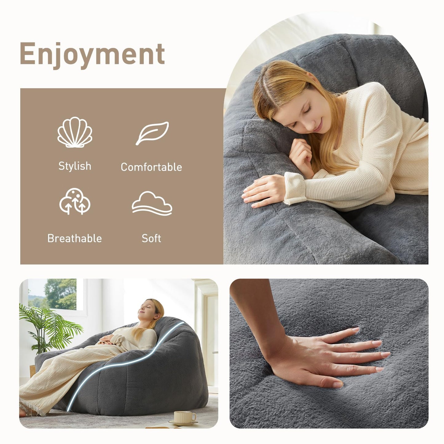 HUGHEAVEN Max Giant Bean Bag Chair, Oversized Bean Bag Sofa for Adults & Teens, Ultra-Soft Comfy Fluffy Floor Lounge Chair with Armrests, Large Bean Bag Couch for Gaming, Reading & Relaxing