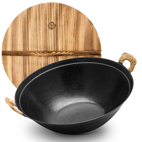 WANGYUANJI 14.2" Cast Iron Wok with Lid, Dual Handles - Flat Bottom Chinese Stir Fry Pan for Induction & Gas Stoves - Traditional Handcrafted Turtle Shell Texture, Uncoated & Non-Toxic