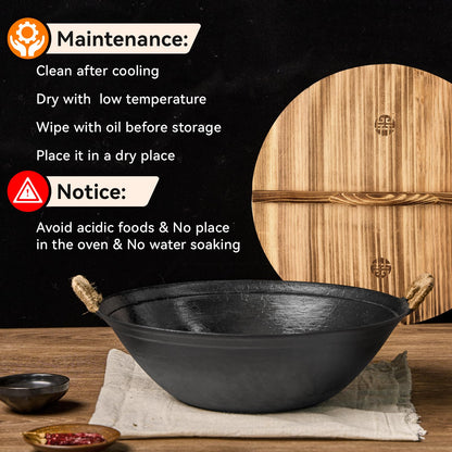 WANGYUANJI 14.2" Cast Iron Wok with Lid, Dual Handles - Flat Bottom Chinese Stir Fry Pan for Induction & Gas Stoves - Traditional Handcrafted Turtle Shell Texture, Uncoated & Non-Toxic